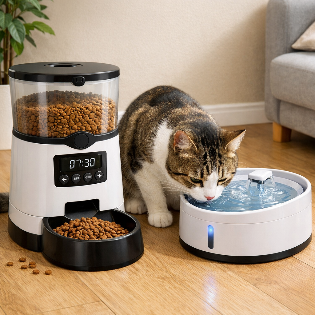 Gato usando alimentador automático